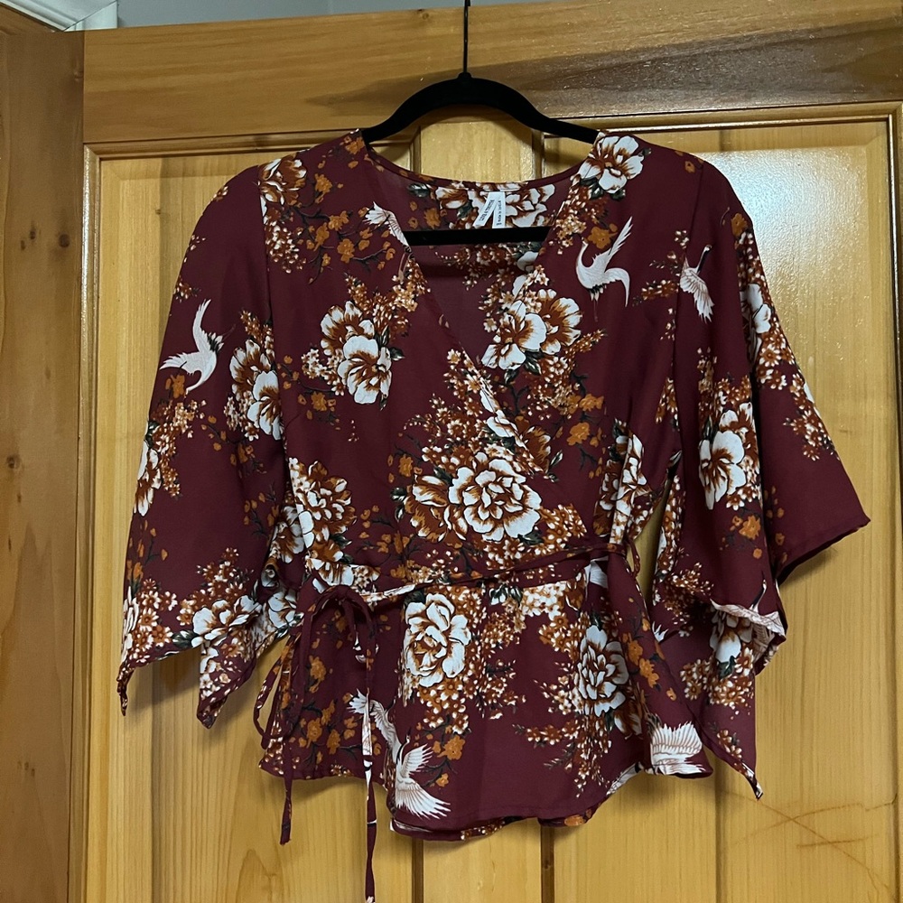 Live 4 Truth Burgundy Floral Wrap Blouse